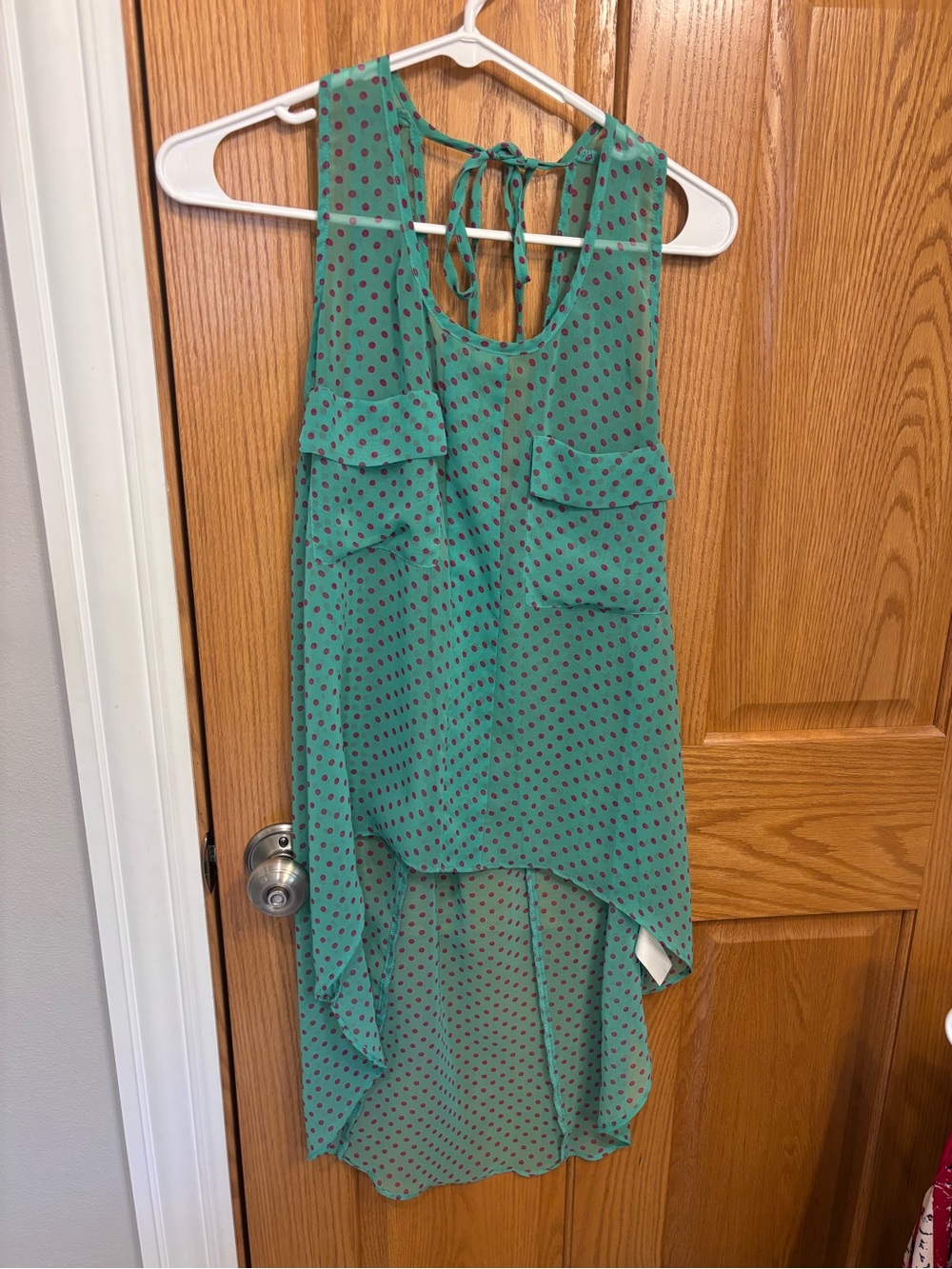 Staccato Teal Sleeveless Hi-Lo Tunic with Burgundy Dots
